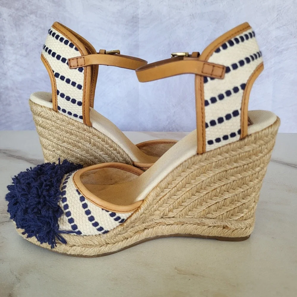 Tory Burch Shaw PomPom Wedge Espadrille Ankle Strap Sandals Size 6.5 Blue Stipe